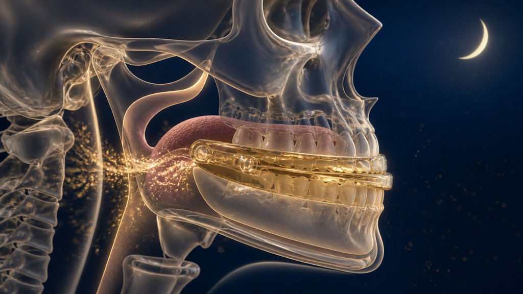 A translucent 3D anatomical rendering of a human skull in side view, showing the tongue and upper airway with a golden Mandibular Advancement Device gently opening the airway, golden particles flowing through the unobstructed passage and a small crescent moon suggesting sleep — sleep apnea treatment with an oral appliance.